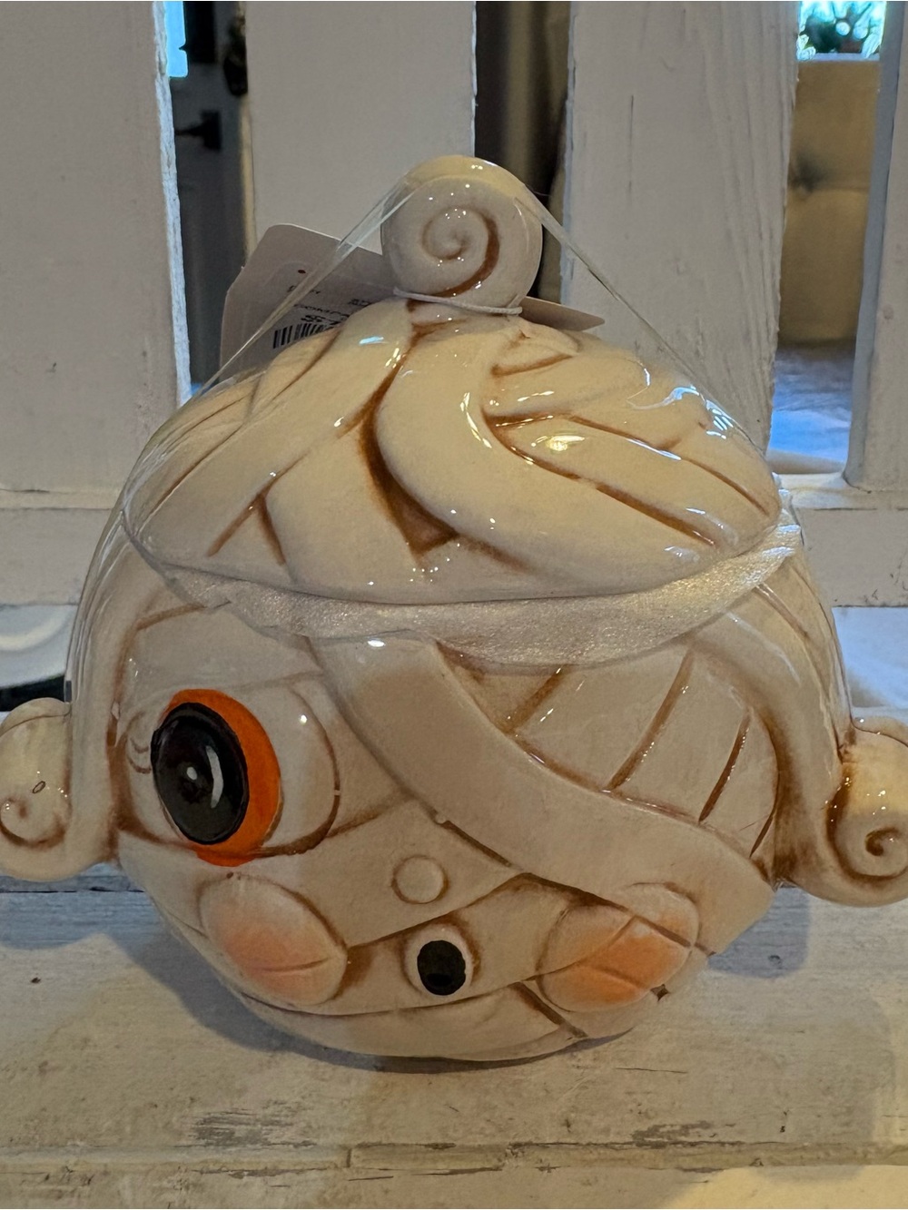 Magenta Cream and Orange Ceramic Mummy Treat Jar